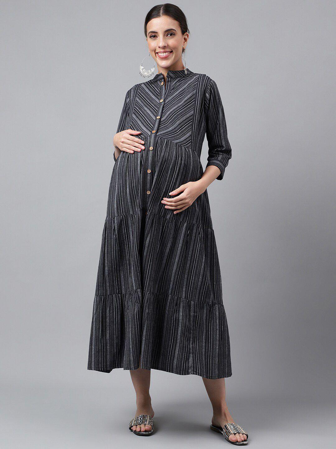 negen-vertical-striped-maternity-a-line-cotton-midi-dress