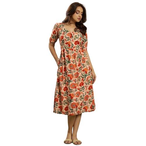negen cotton floral midi dress for women - one piece fit and flare dresses for women multicolour