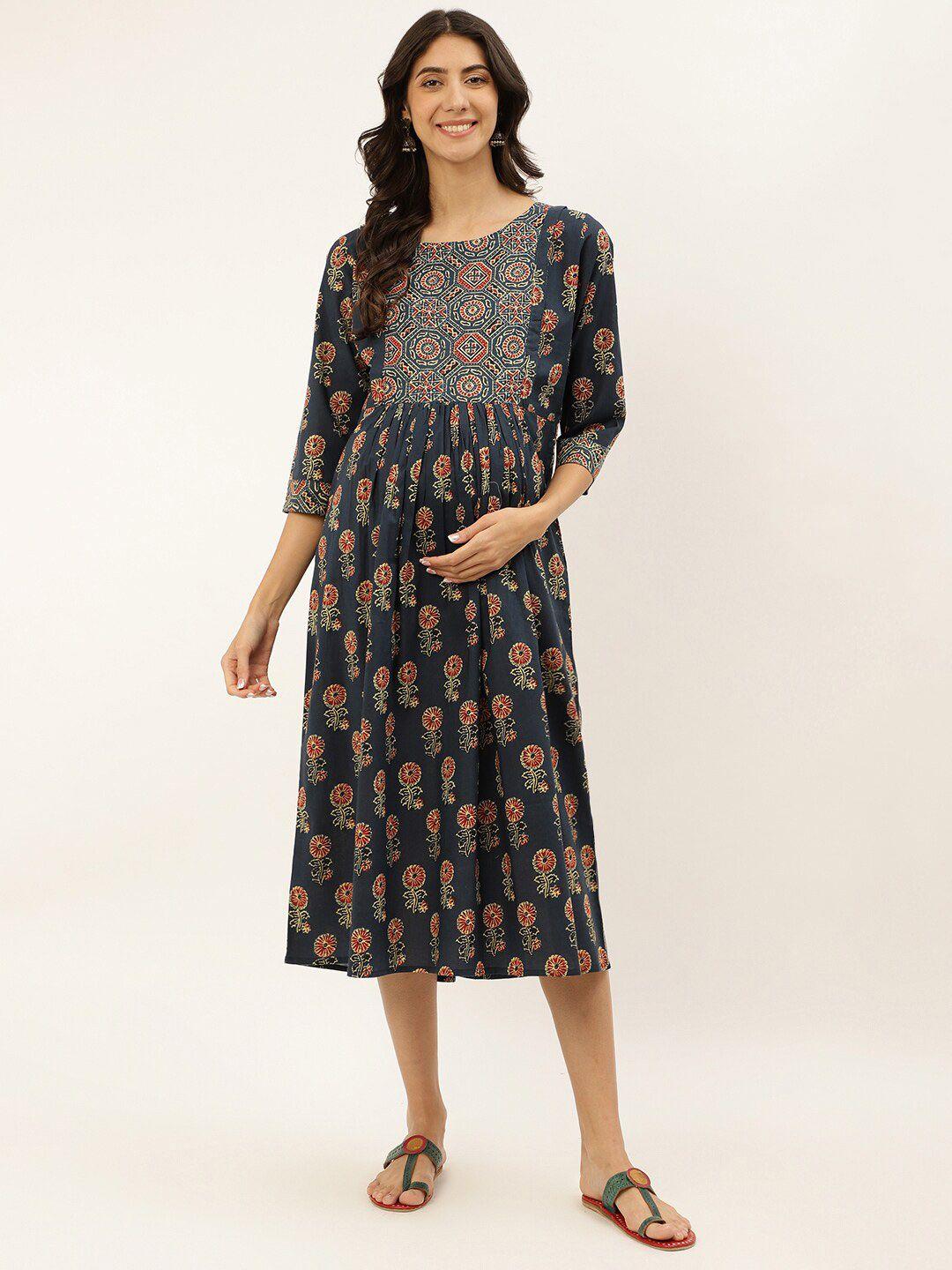 negen ethnic motifs printed cotton maternity a-line midi dress