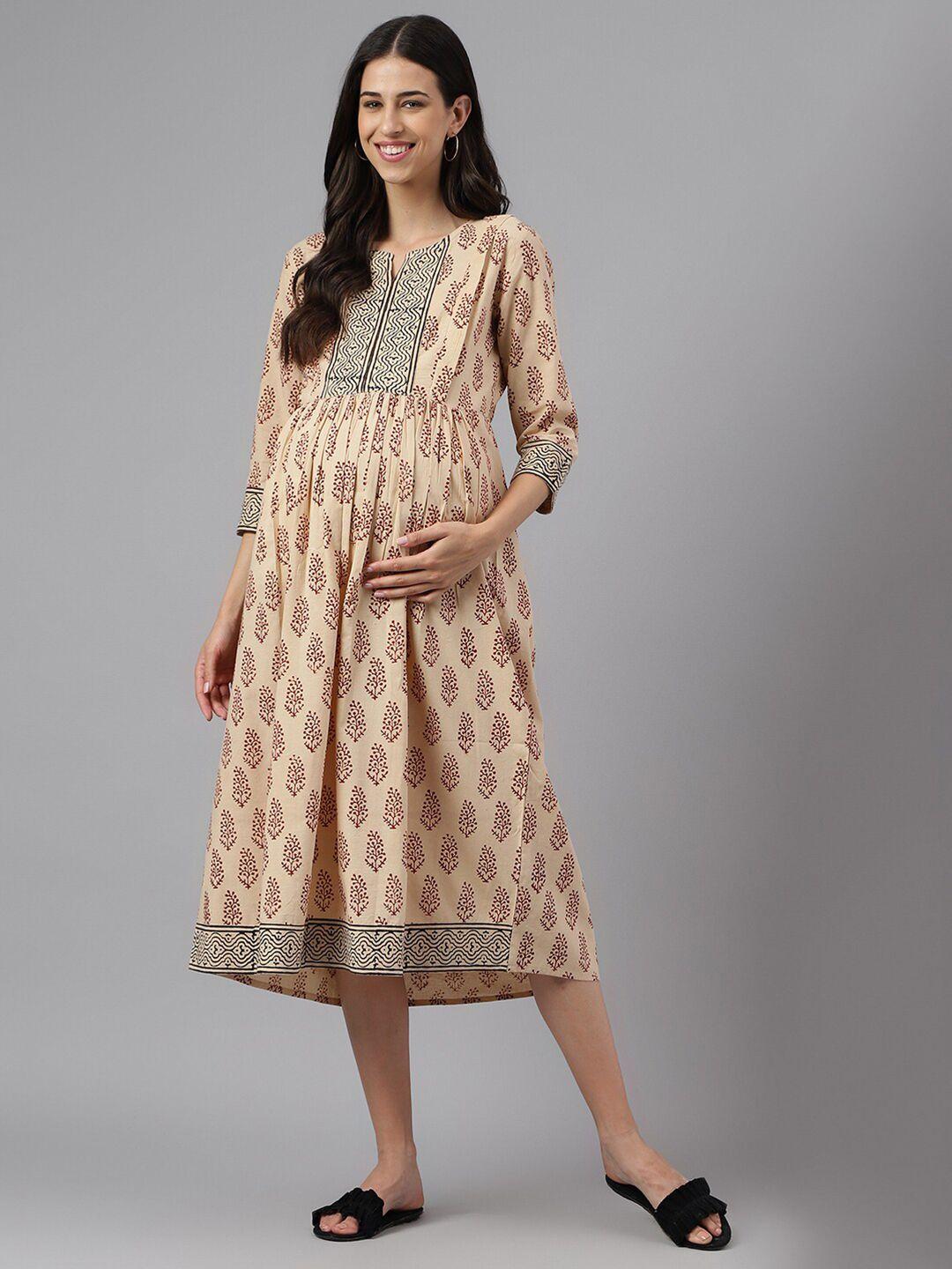 negen ethnic motifs printed maternity cotton fit & flare midi dress