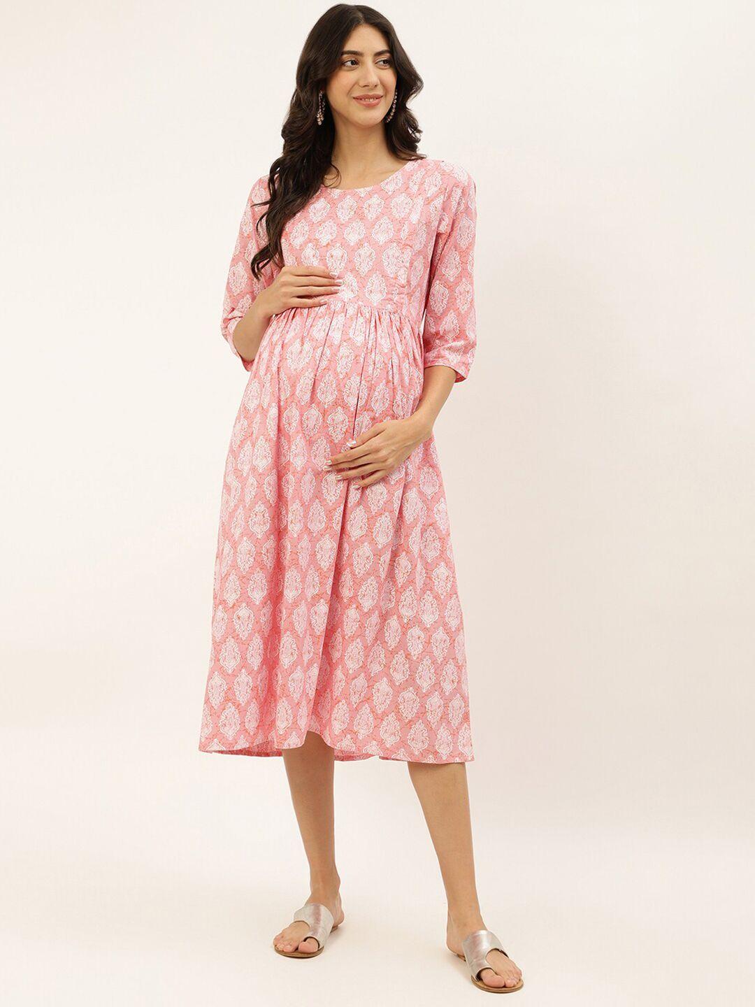 negen ethnic motifs printed maternity fit & flare midi cotton dress