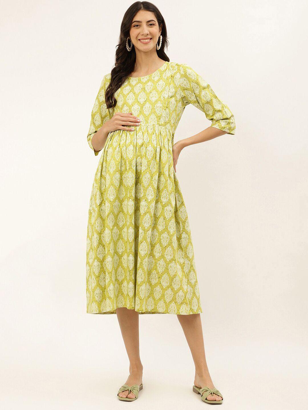 negen ethnic motifs printed maternity fit & flare midi cotton dress