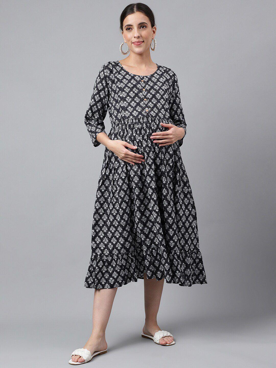 negen ethnic motifs printed maternity fit & flare midi dress with feeding zip