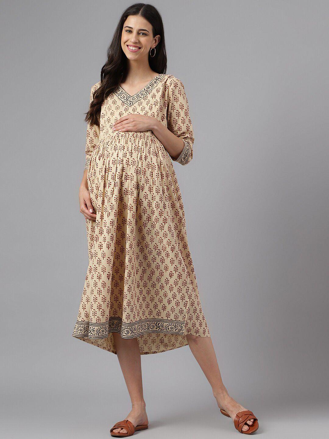 negen ethnic motifs printed maternity pleated cotton a-line midi dress