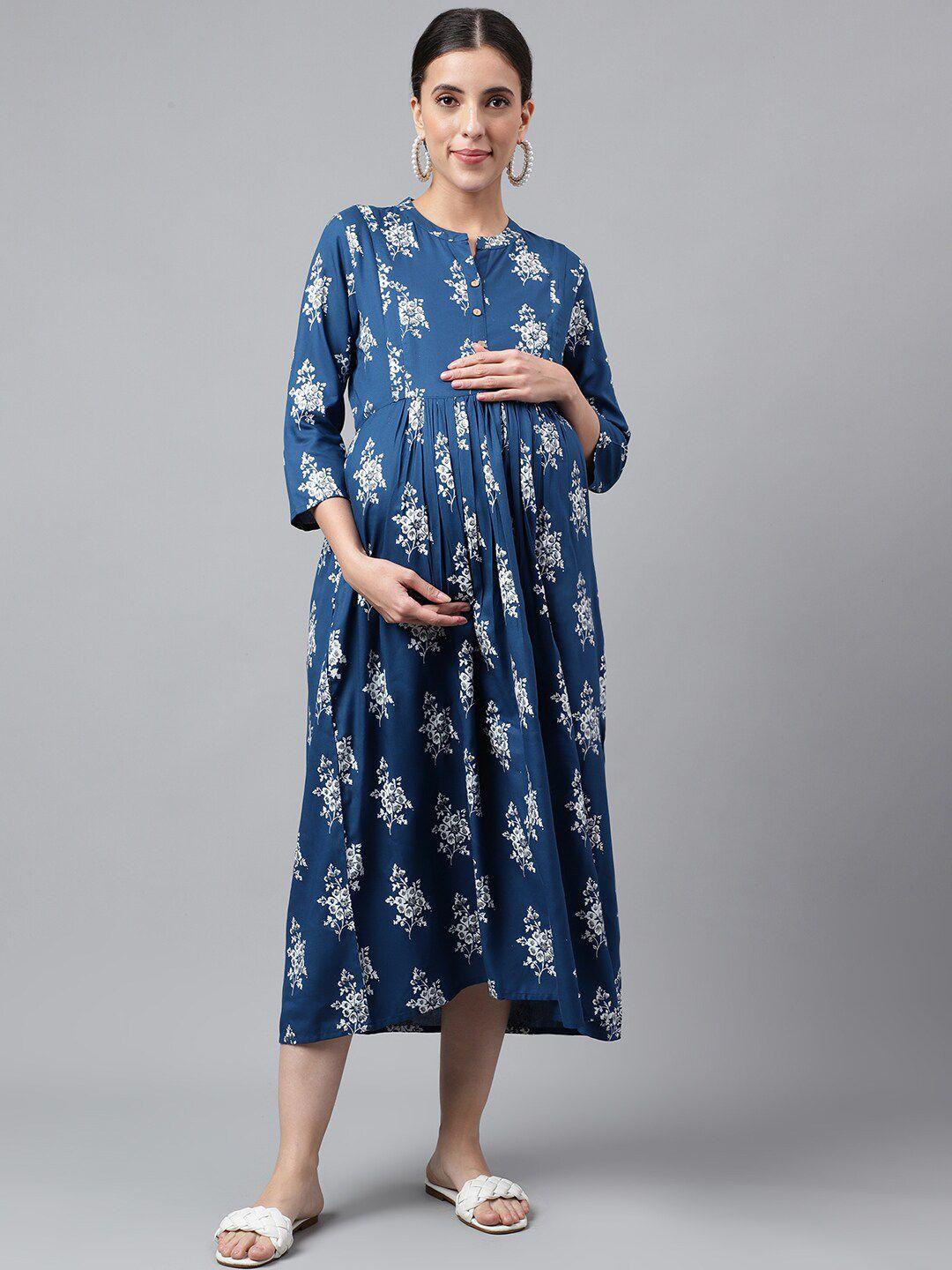 negen floral printed maternity empire midi dress with feeding zip