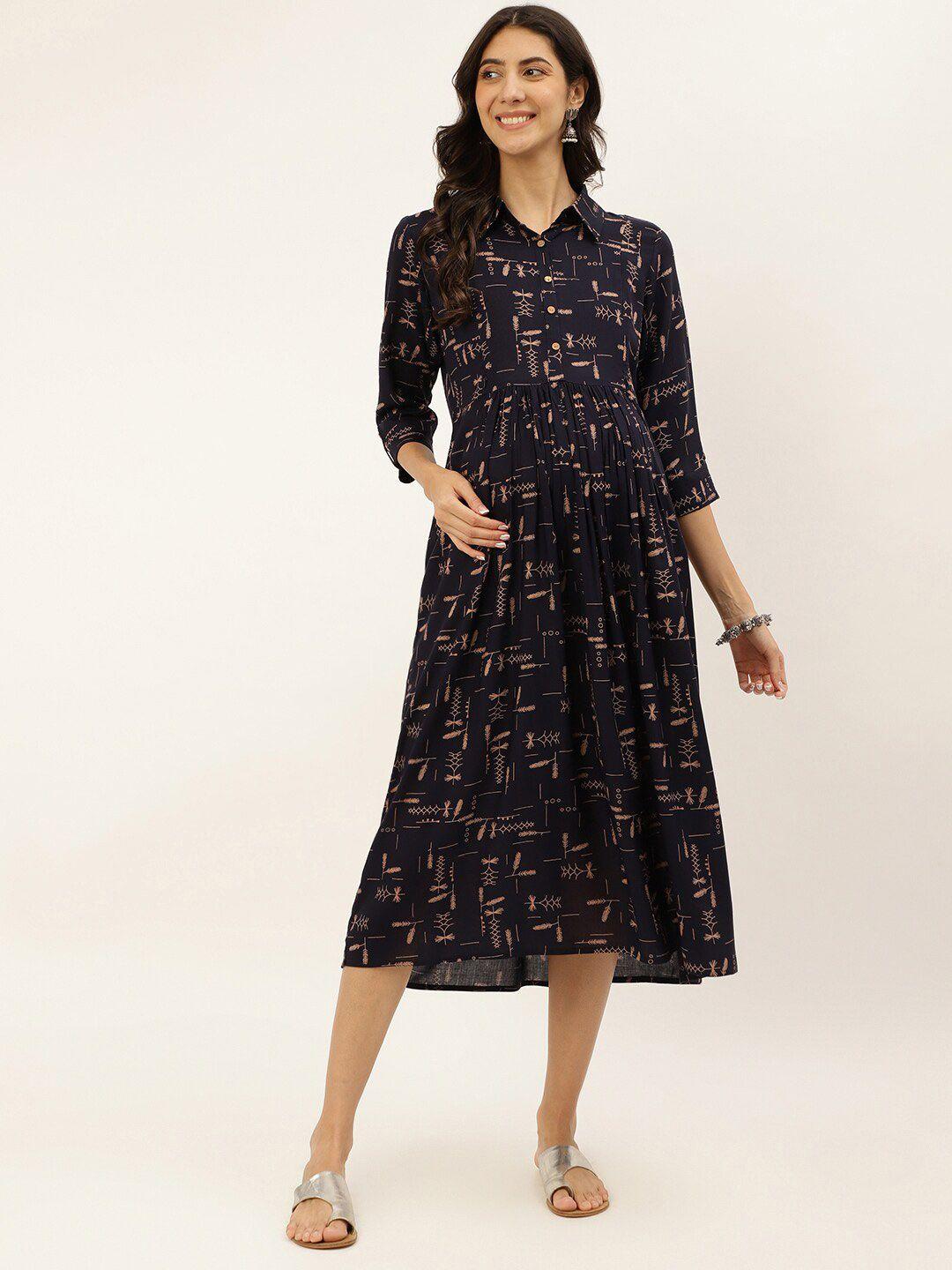 negen floral printed shirt collar maternity a-line midi dress