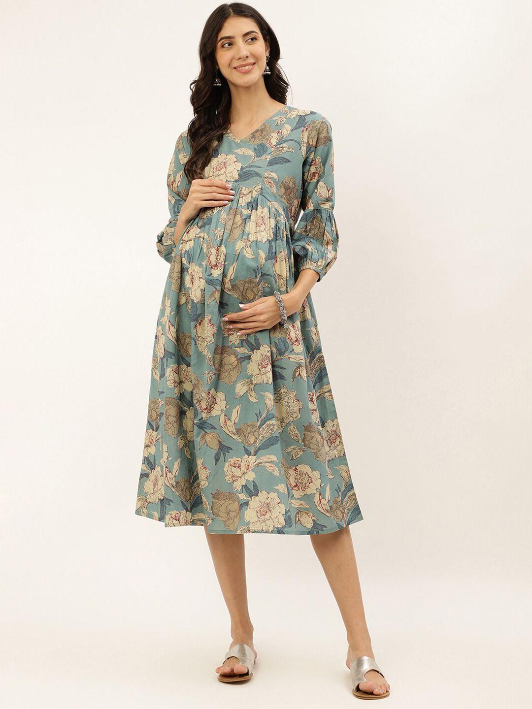 negen floral printed v-neck cotton a-line maternity midi dress