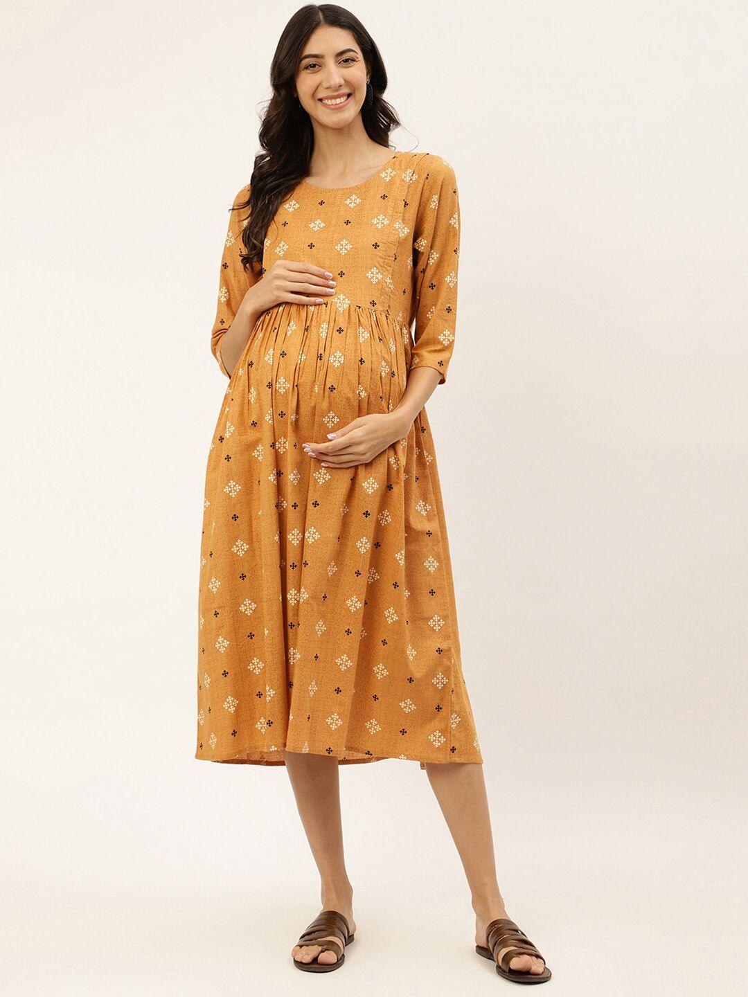 negen orange floral printed maternity cotton a-line midi dress