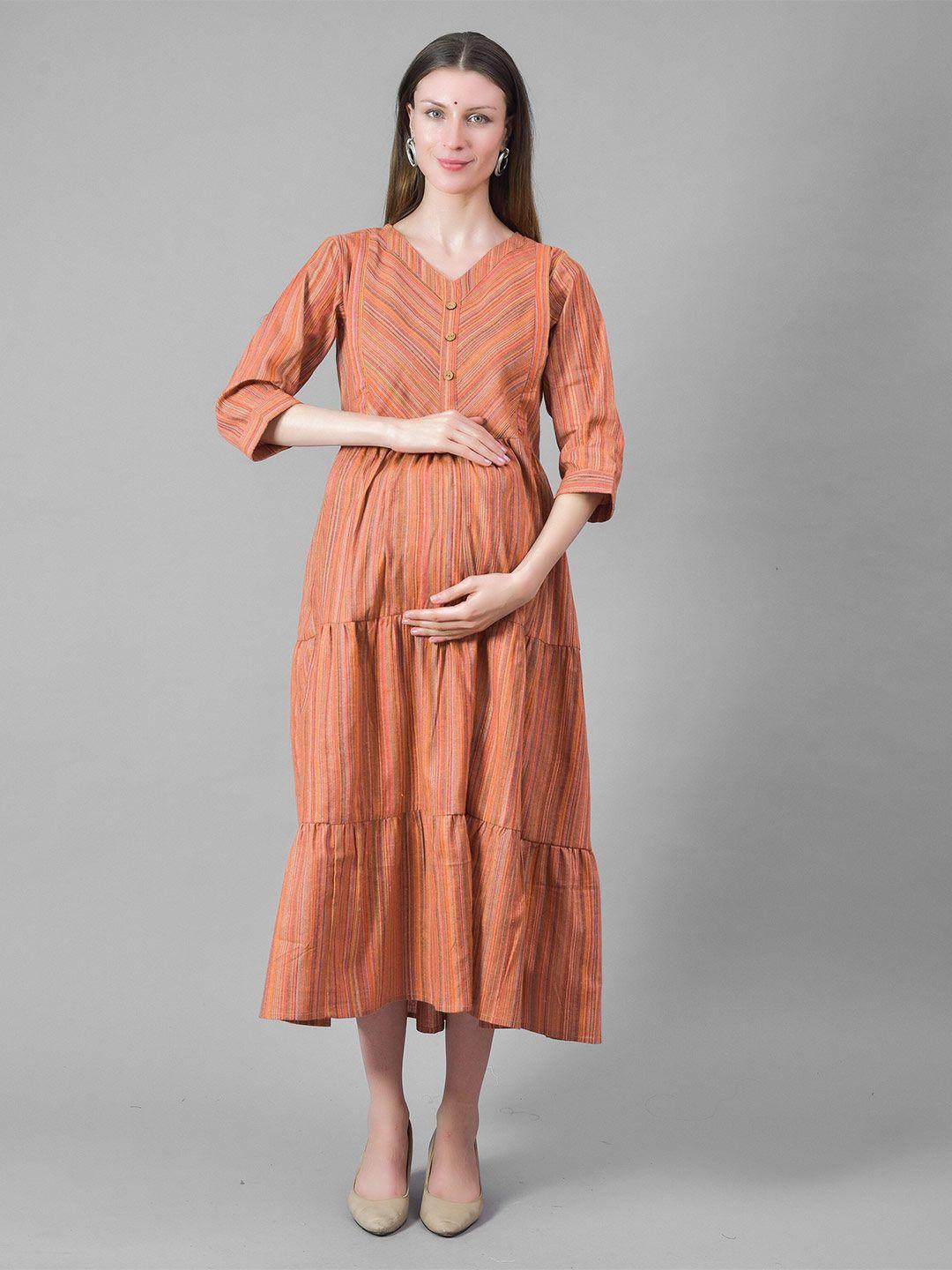 negen striped cotton maternity a-line midi dress with feeding zip