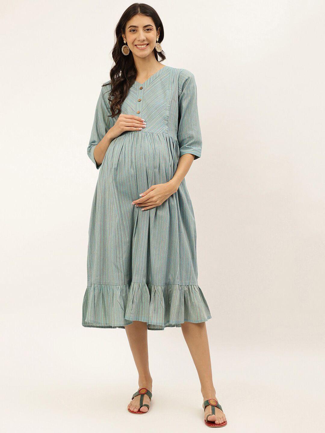 negen striped maternity fit & flare midi cotton dress