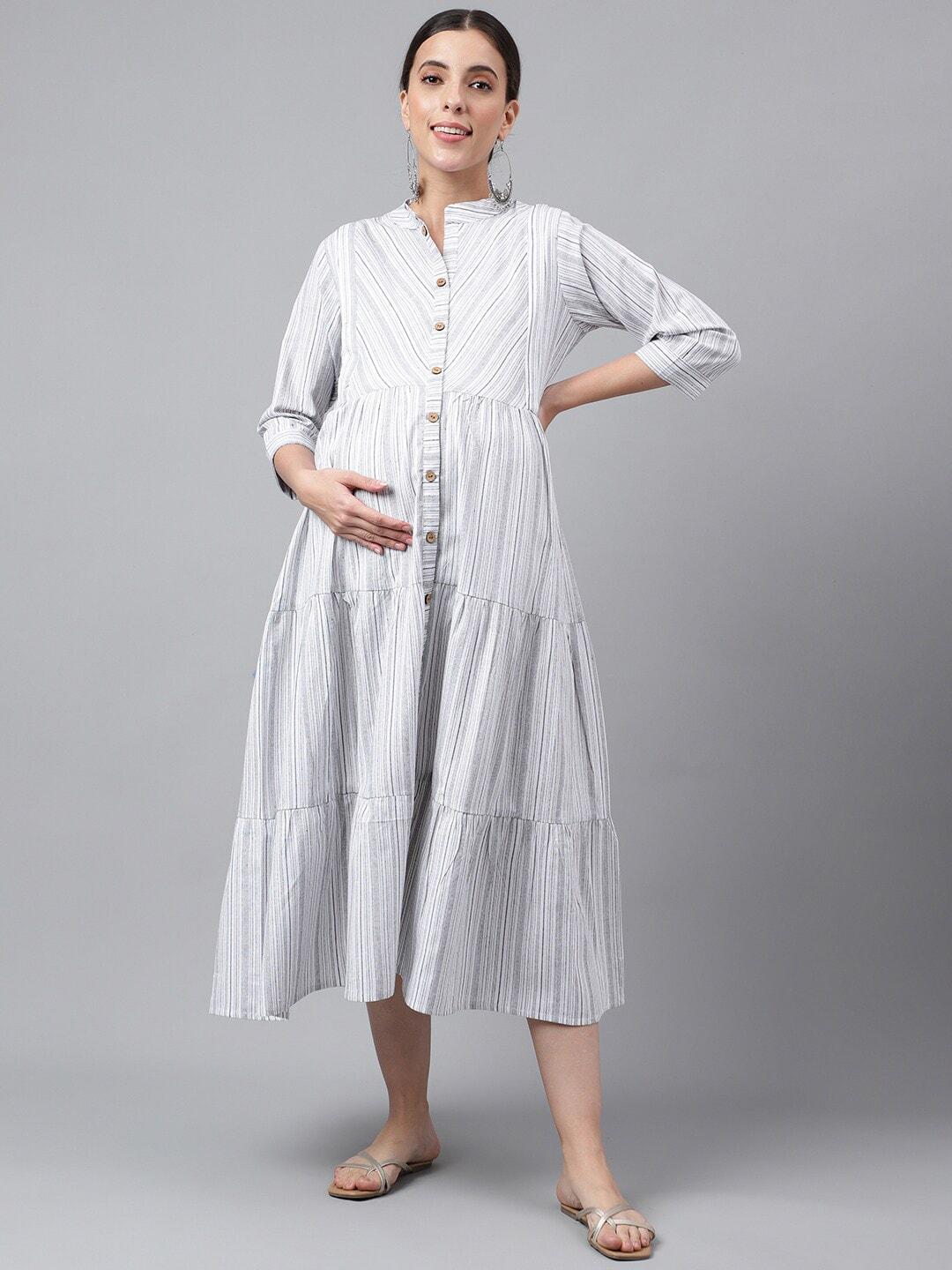 negen striped tiered cotton maternity a-line midi dress with feeding zip
