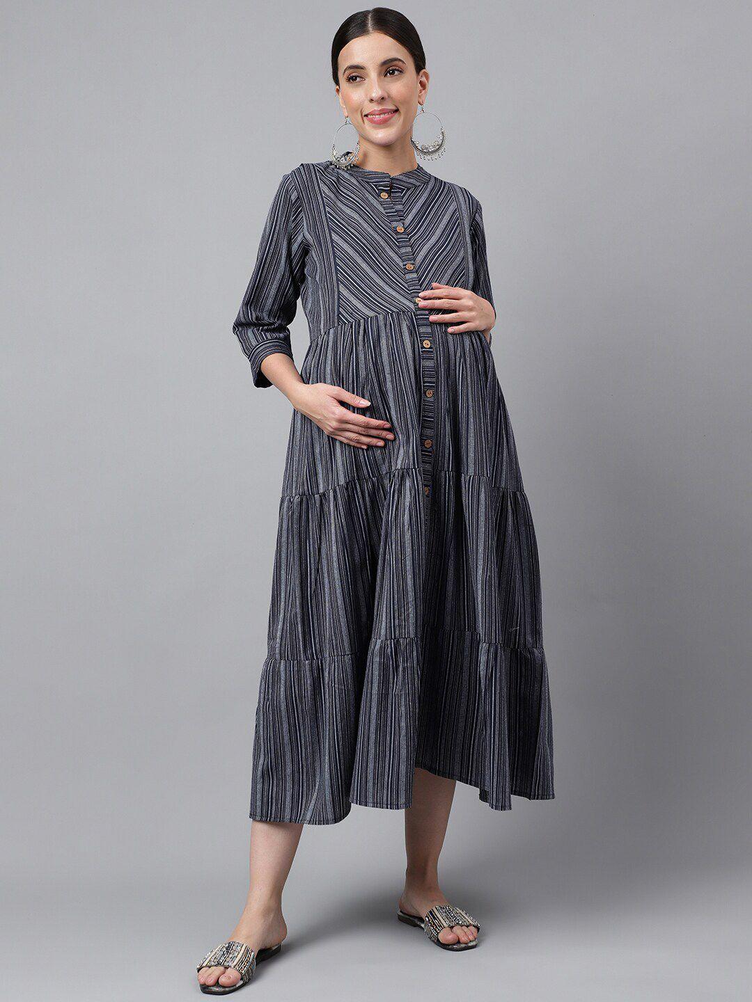 negen striped tiered cotton maternity a-line midi dress with feeding zip