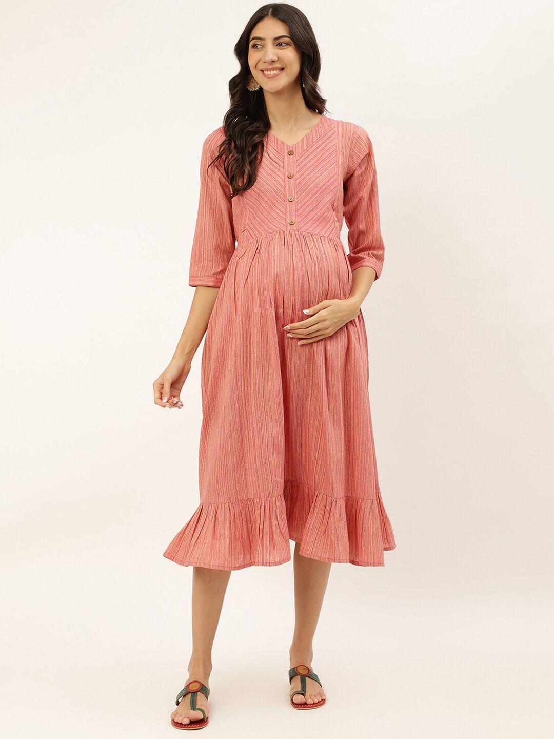 negen striped v-neck maternity cotton a-line midi dress