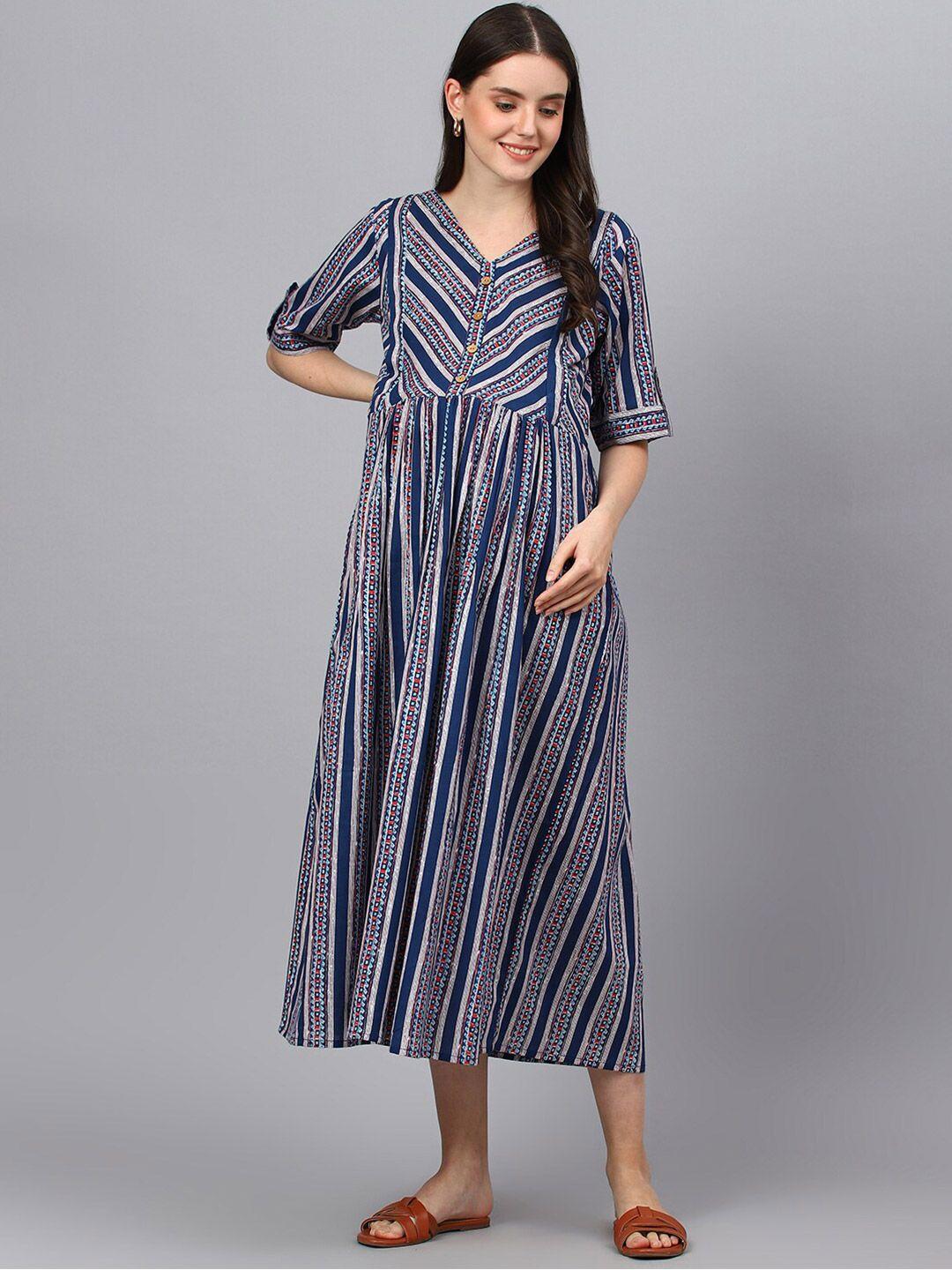 negen striped v-neck roll-up sleeves pleated maternity cotton fit & flare midi dress