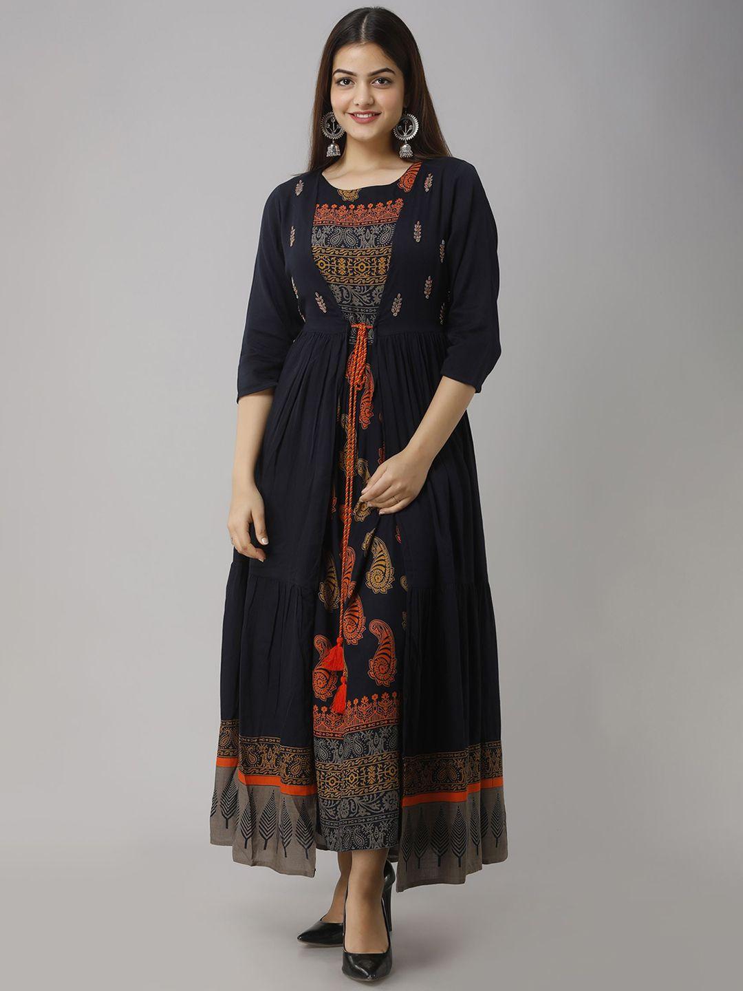 nehamta paisley printed tiered midi fit & flare ethnic dress with jacket
