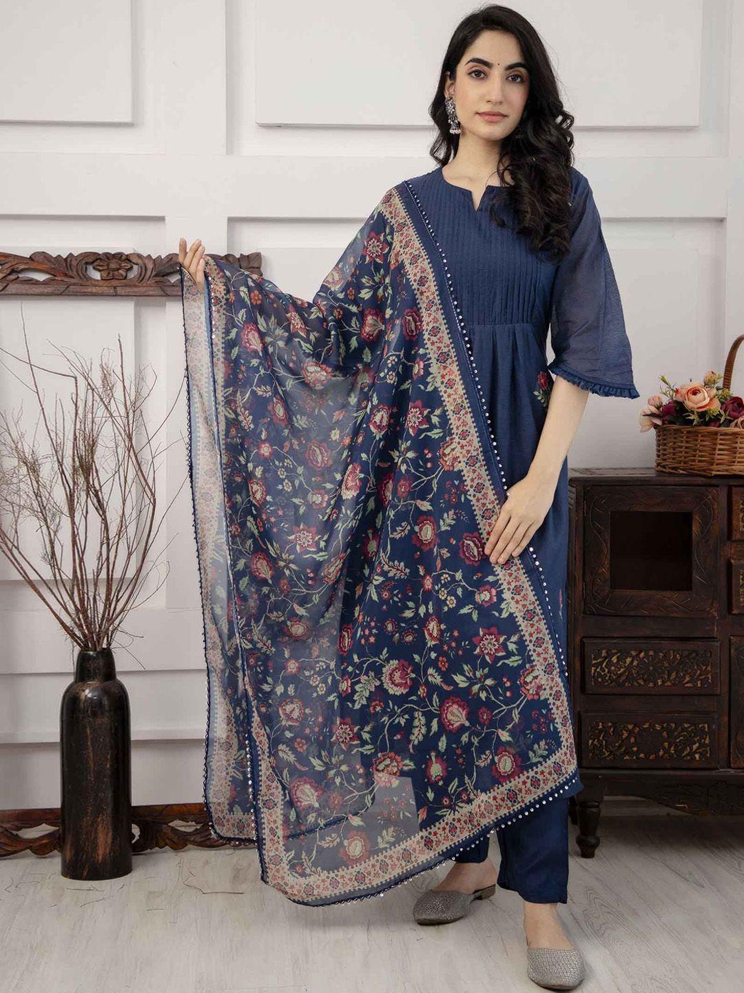 nehamta women ethnic motifs pleated thread work chanderi cotton kurta with trousers & with dupatta
