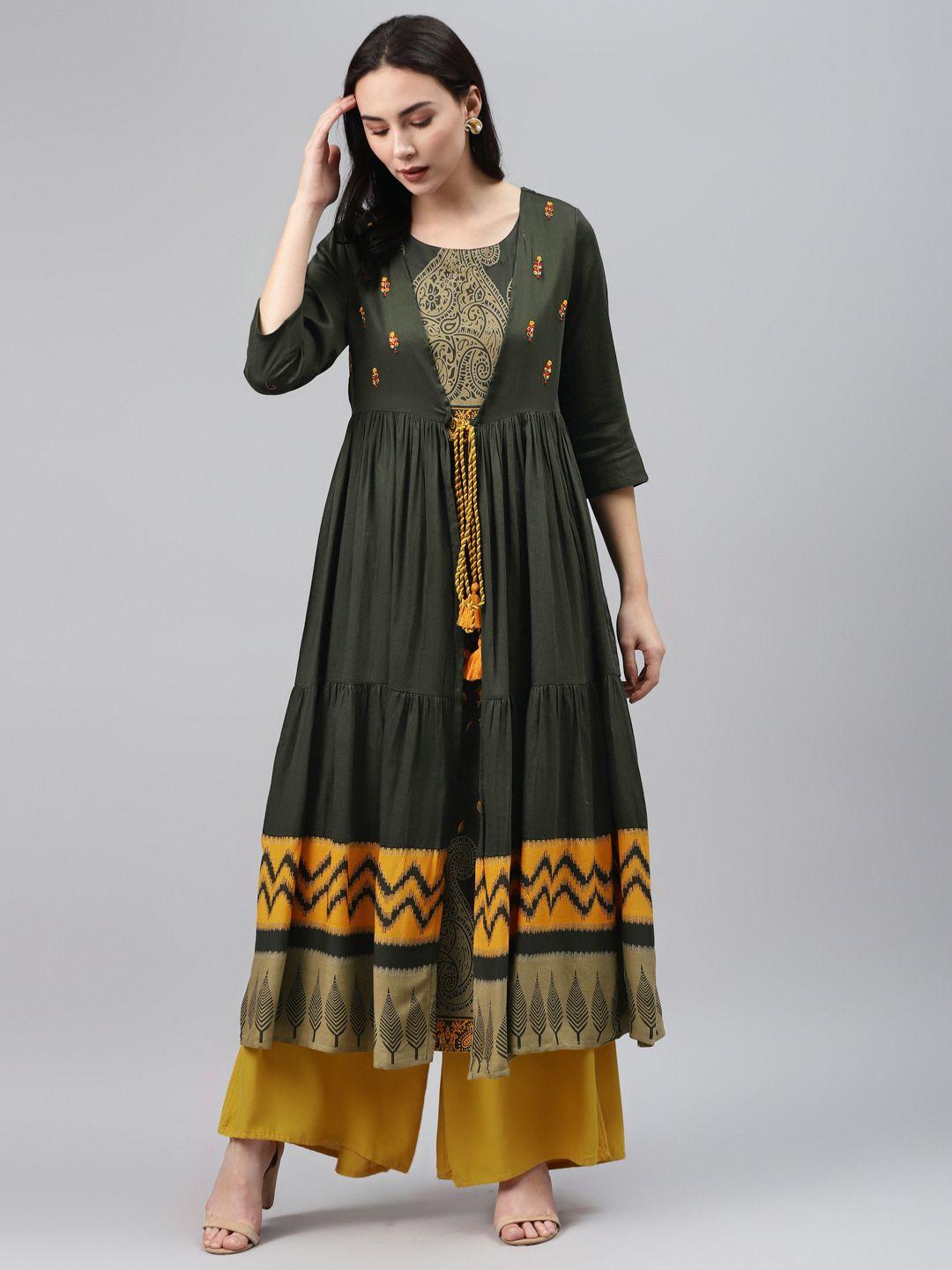 nehamta women green & brown ethnic motifs print straight kurta with tiered ethnic jacket