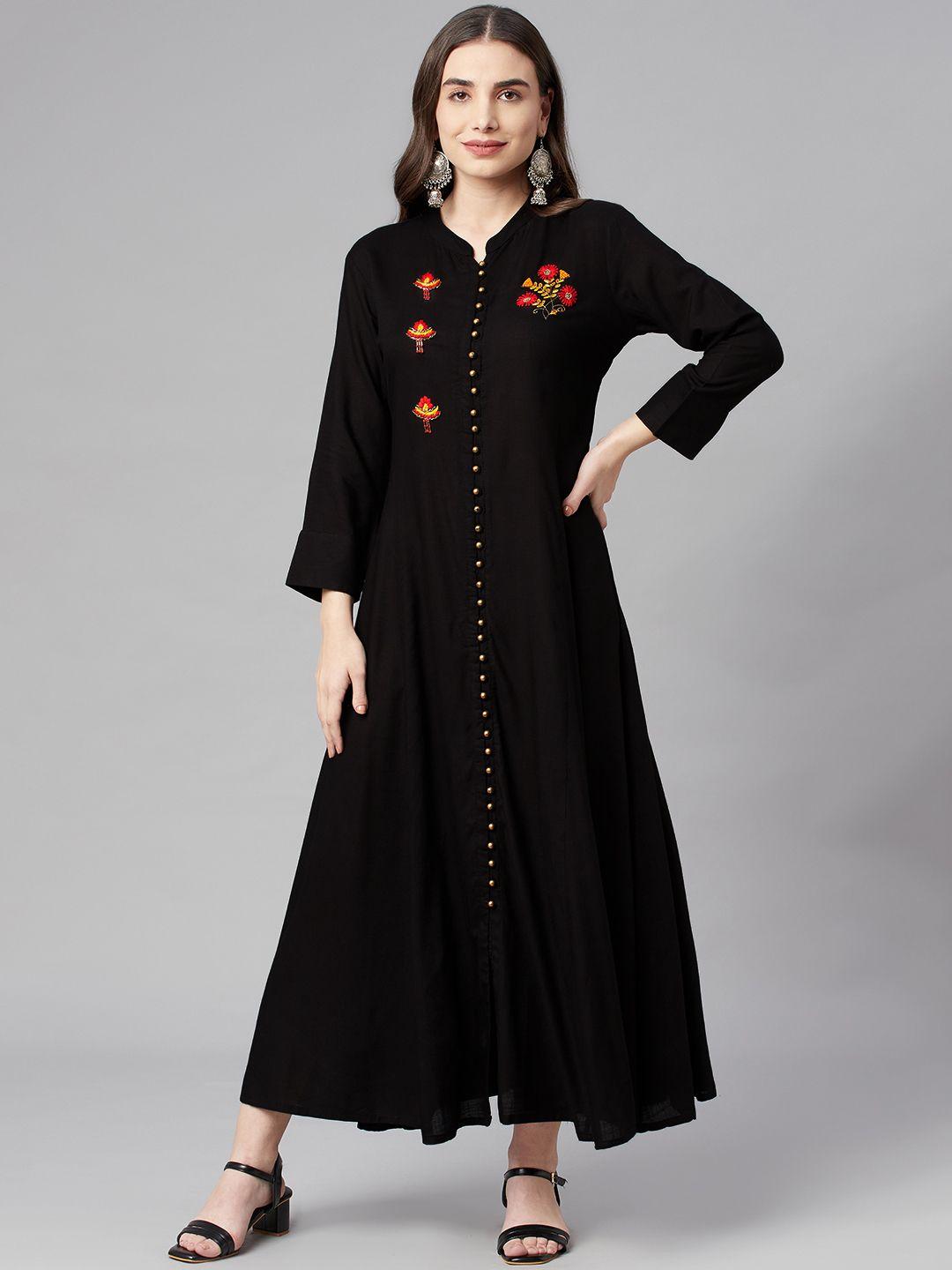 nehamta black & red floral embroidered a-line maxi dress