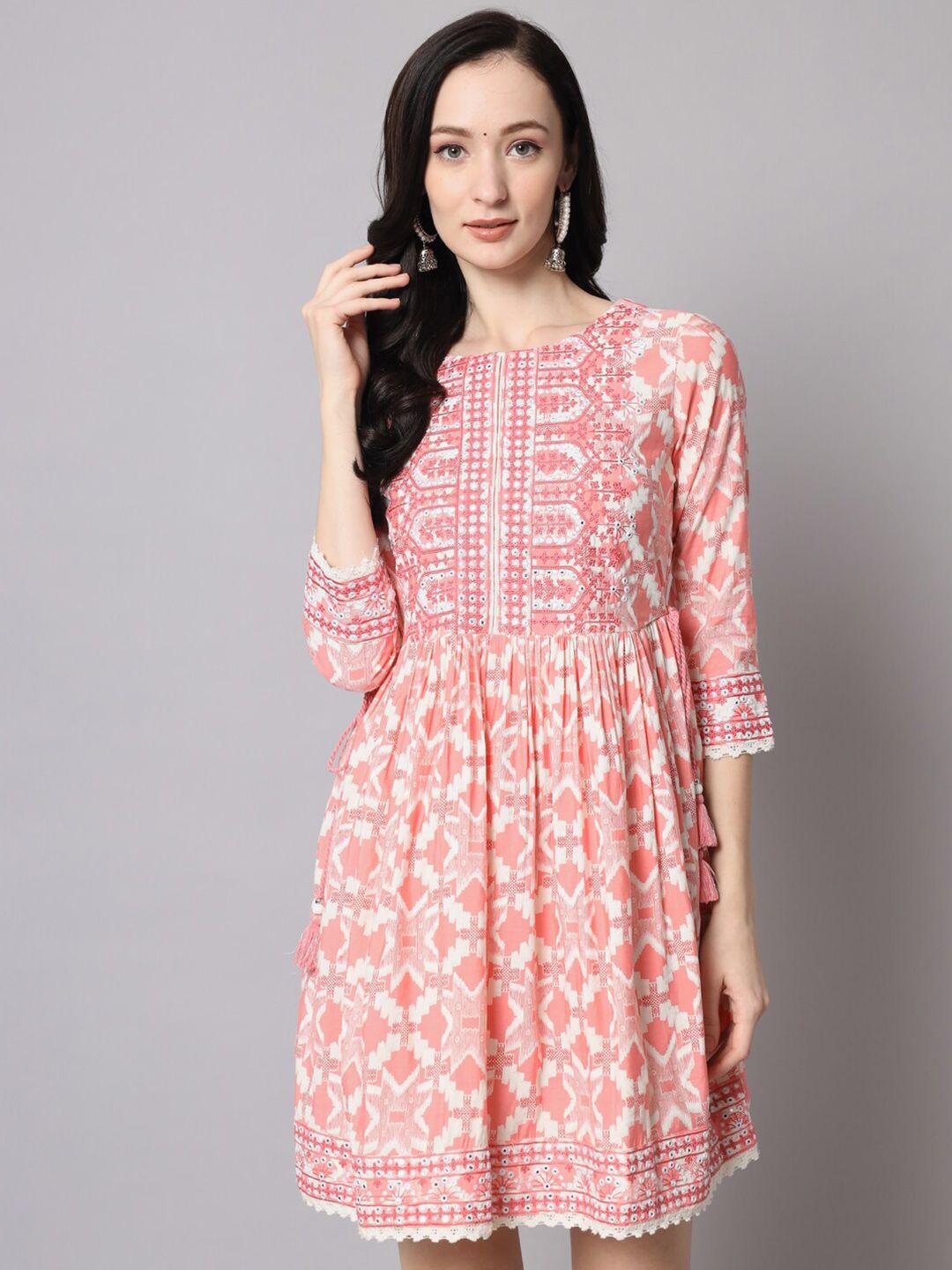 nehamta embroidered cotton round neck fit and flare dress
