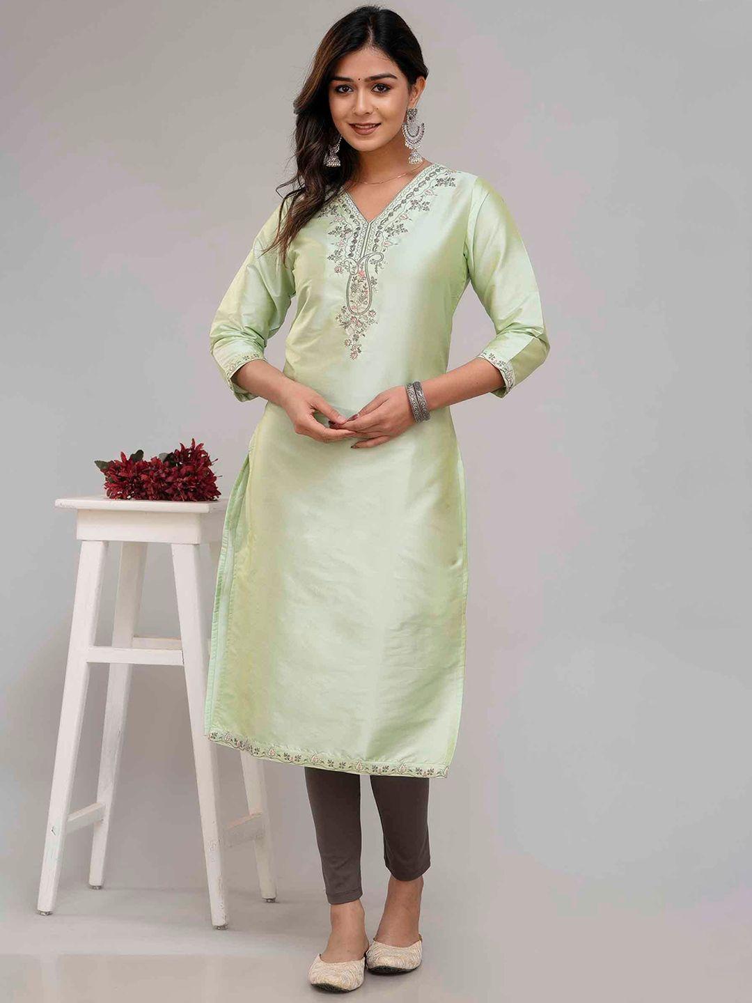 nehamta embroidered thread work v neck silk blend straight kurta