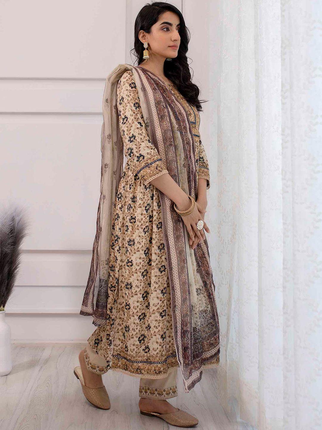 nehamta ethnic motif printed mirror work a-line kurta & trousers with dupatta