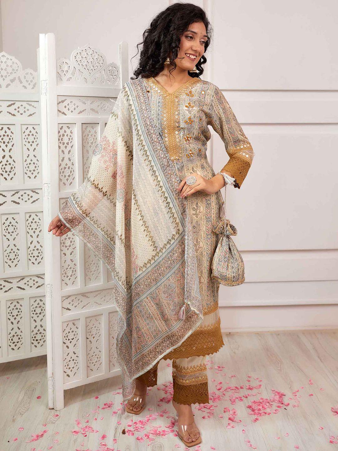 nehamta ethnic motif printed mirror work straight kurta & trousers with dupatta