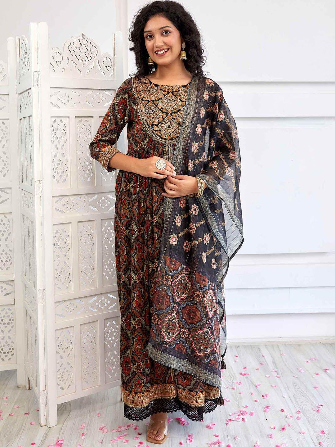 nehamta ethnic motif printed thread work a-line kurta & trousers with dupatta