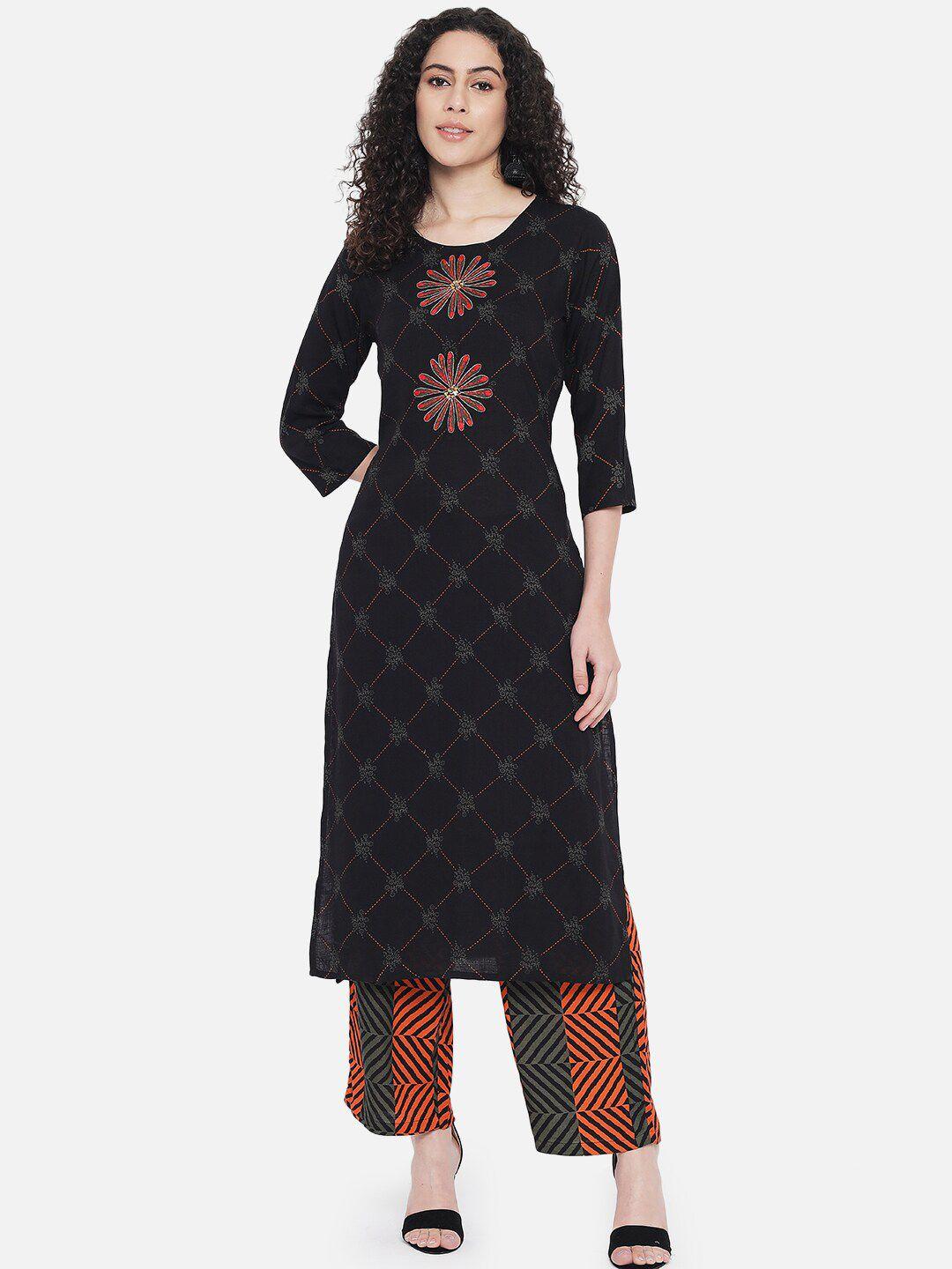 nehamta ethnic motif printed thread work kurta with palazzos