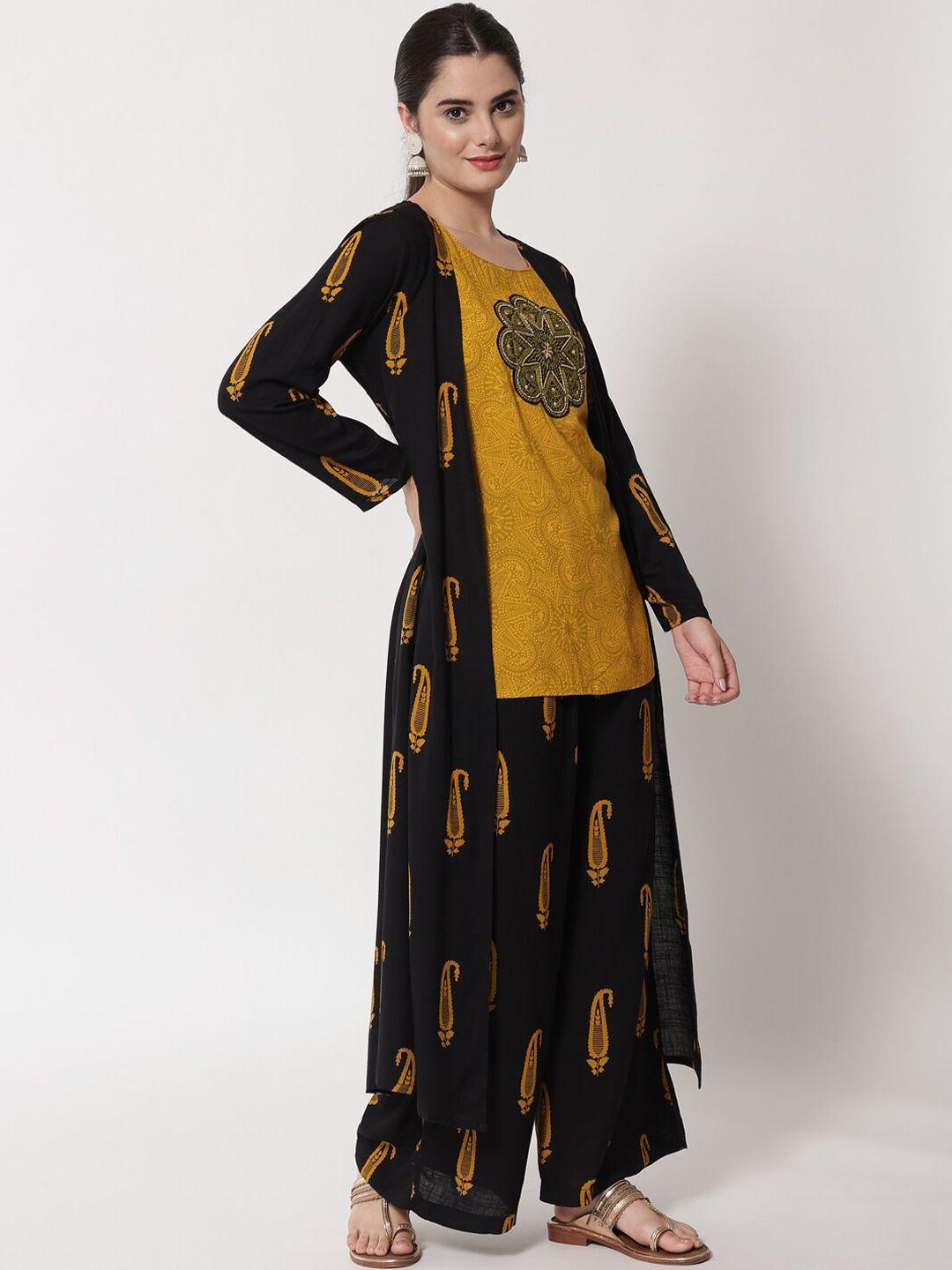 nehamta ethnic motifs printed beads & stones kurti with palazzos & jacket