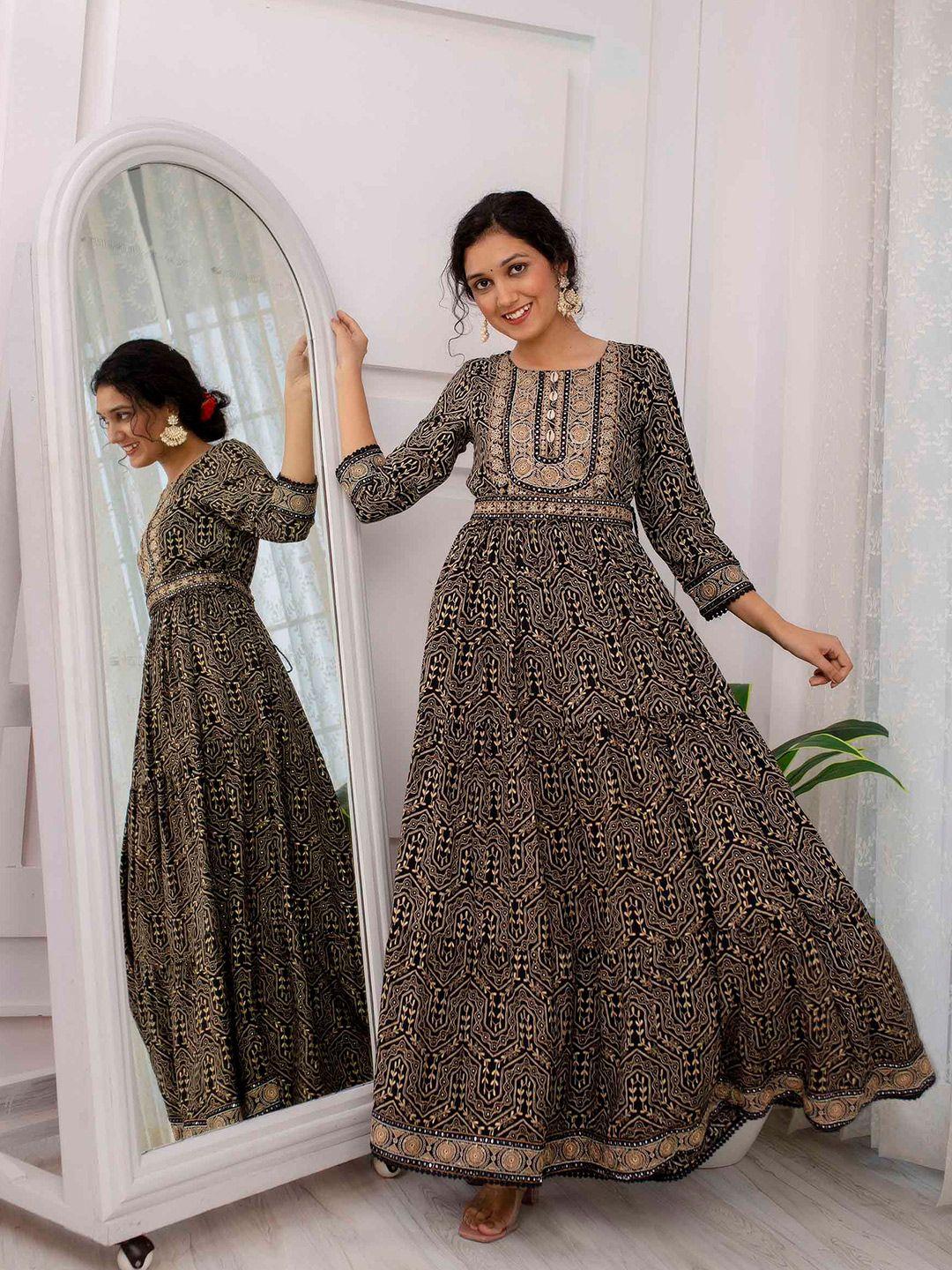 nehamta ethnic motifs printed embroidered fit & flare ethnic dress