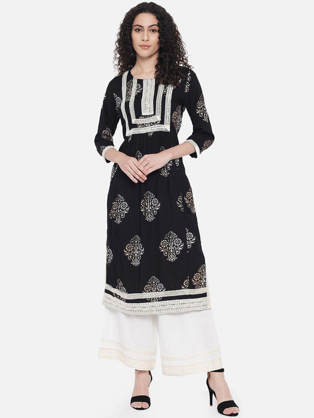 nehamta ethnic motifs printed thread work sequinned kurta with palazzos