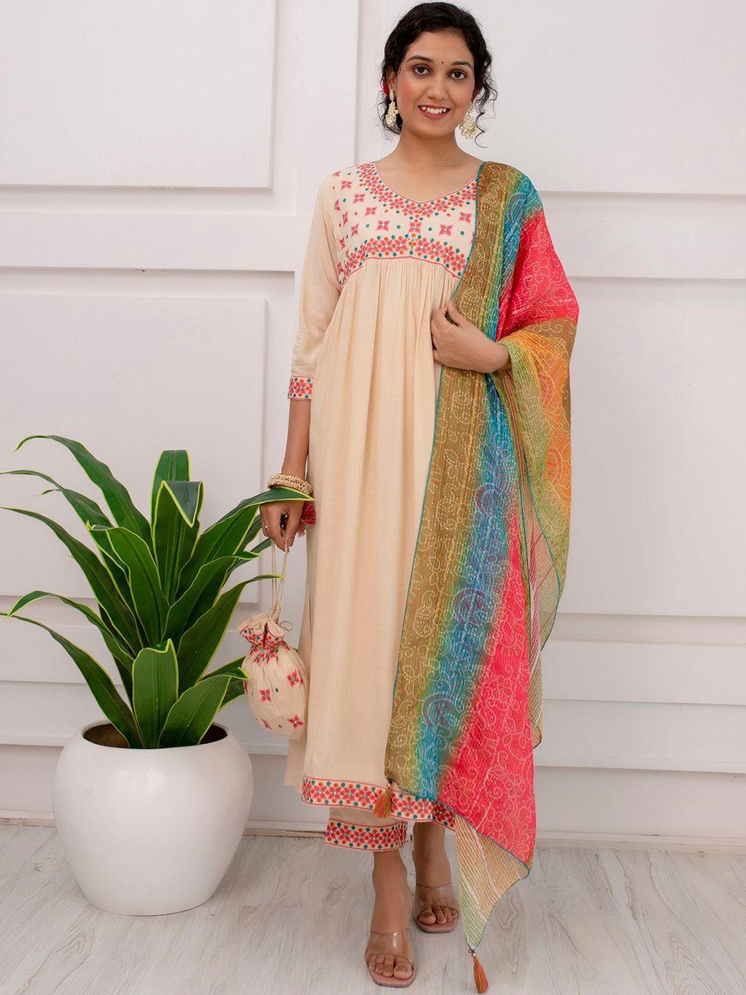 nehamta floral embroidered empire thread work kurta with trousers & dupatta