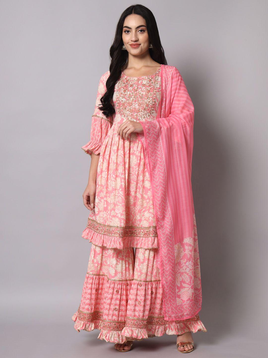 nehamta floral embroidered gotta patti kurta with sharara & with dupatta