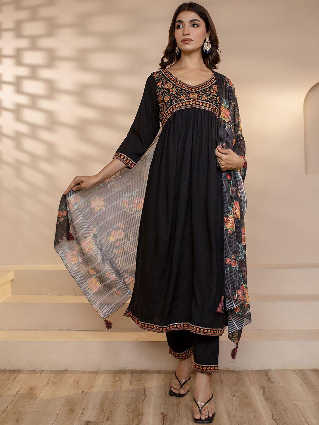 nehamta floral embroidered pleated sequinned kurta with trousers & dupatta