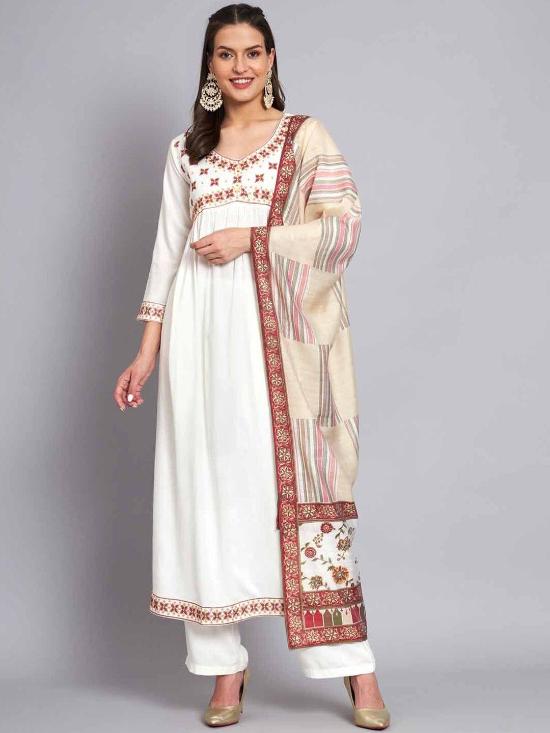 nehamta floral embroidered v-neck mirron work kurta & dupatta