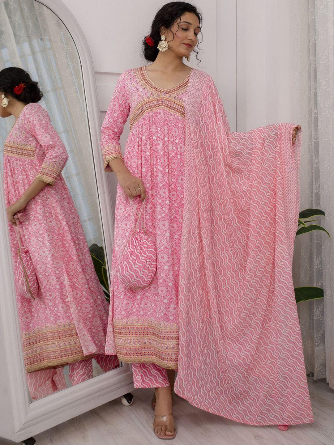 nehamta floral printed empire thread work detailed kurta & trousers with dupatta