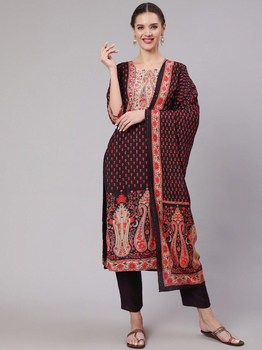 nehamta floral printed mirror work cotton kurta with trousers & with dupatta