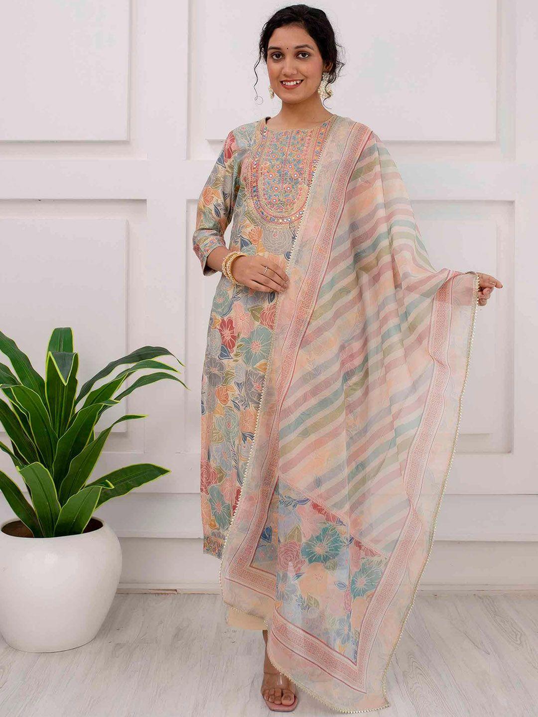 nehamta floral printed mirror work straight kurta & trousers with dupatta