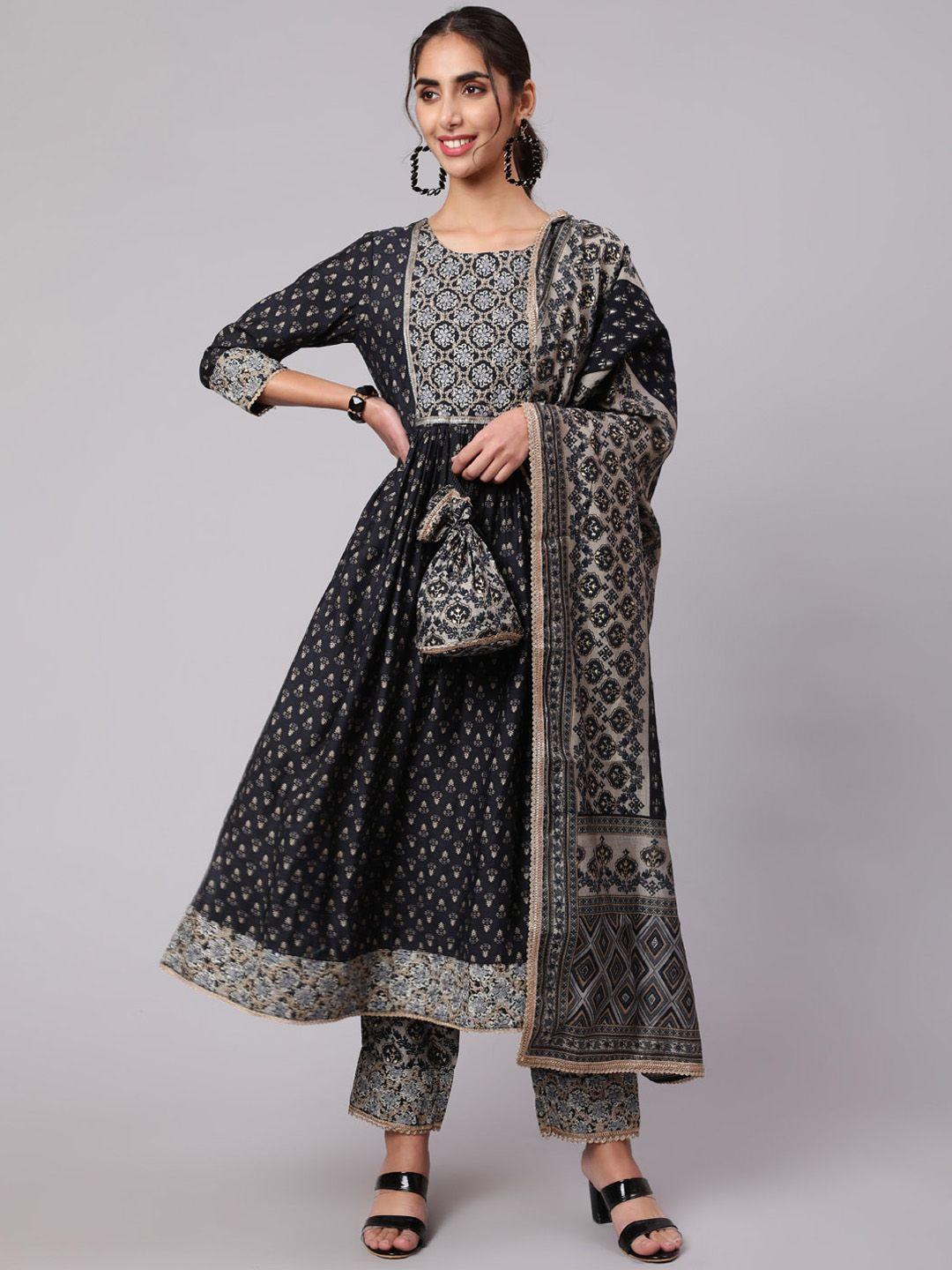 nehamta floral printed pleated sequinned kurta with trousers & with dupatta