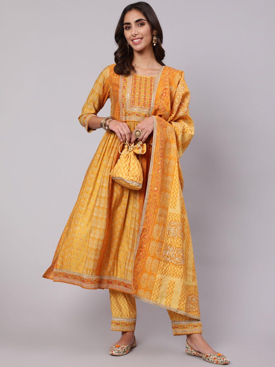 nehamta floral printed pleated sequinned kurta with trousers & with dupatta