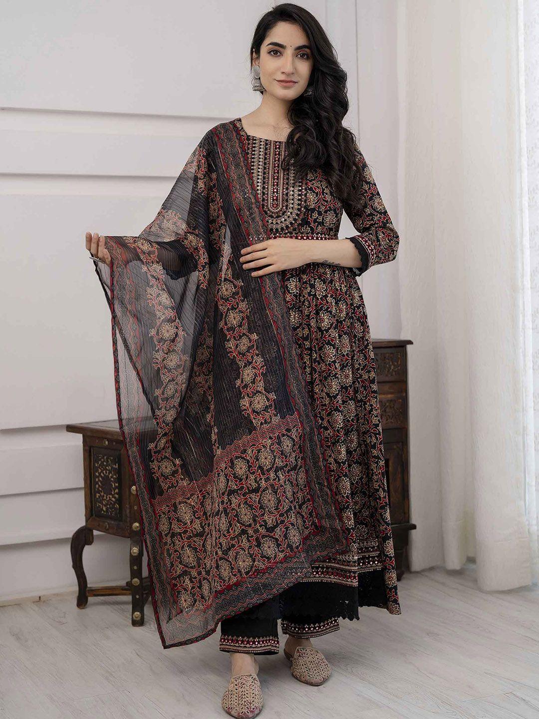 nehamta floral printed regular mirror work kurta with trousers & dupatta