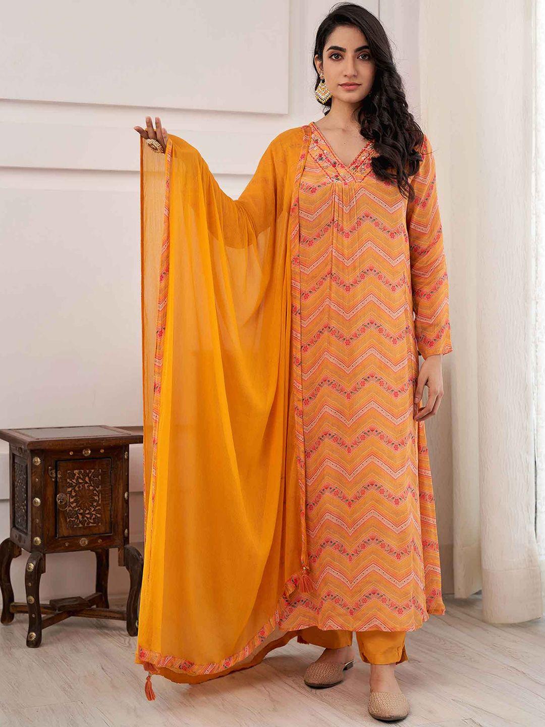 nehamta floral printed thread work kurta & trousers with dupatta