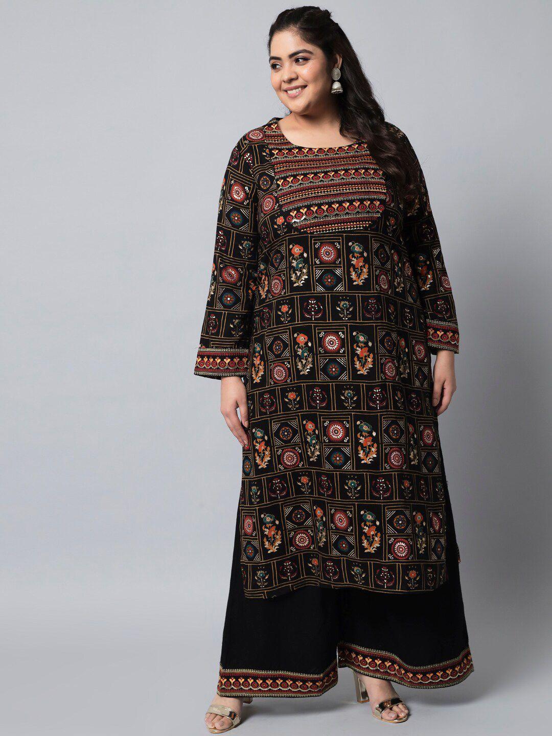 nehamta plus size ethnic motif printed foil thread work straight kurta with palazzos