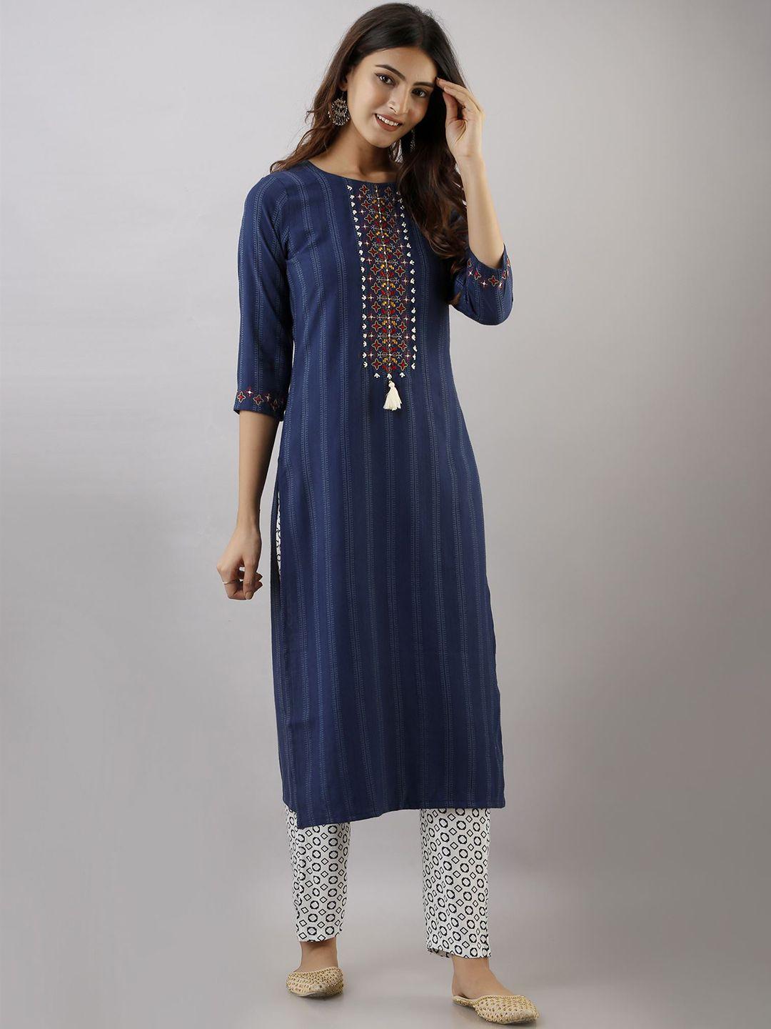 nehamta striped thread work straight kurta with trousers