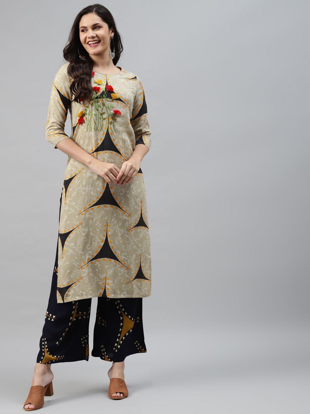 nehamta women beige & white paisley printed thread work straight kurta with palazzos