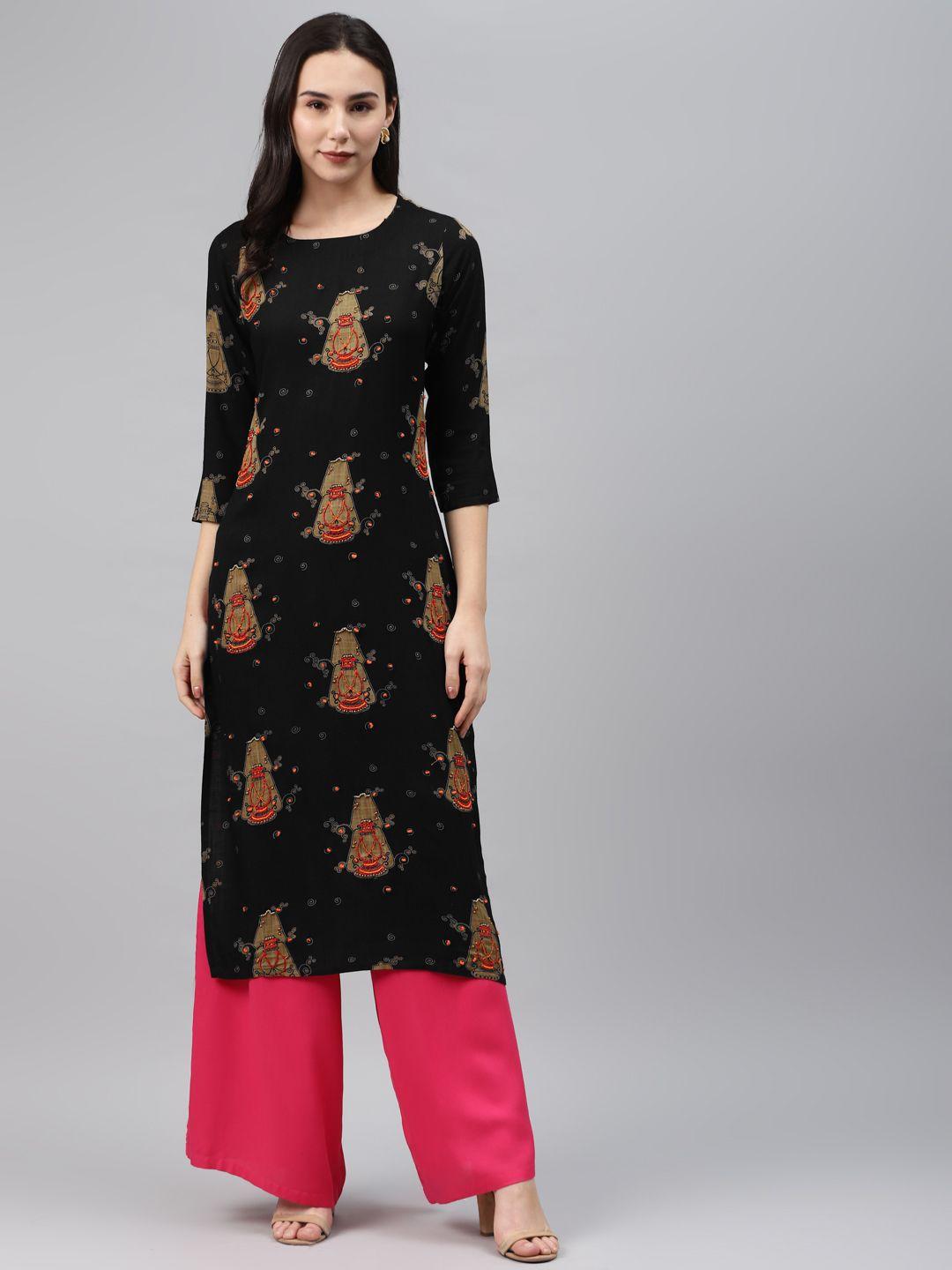 nehamta women black & beige quirky print straight kurta with thread work detail