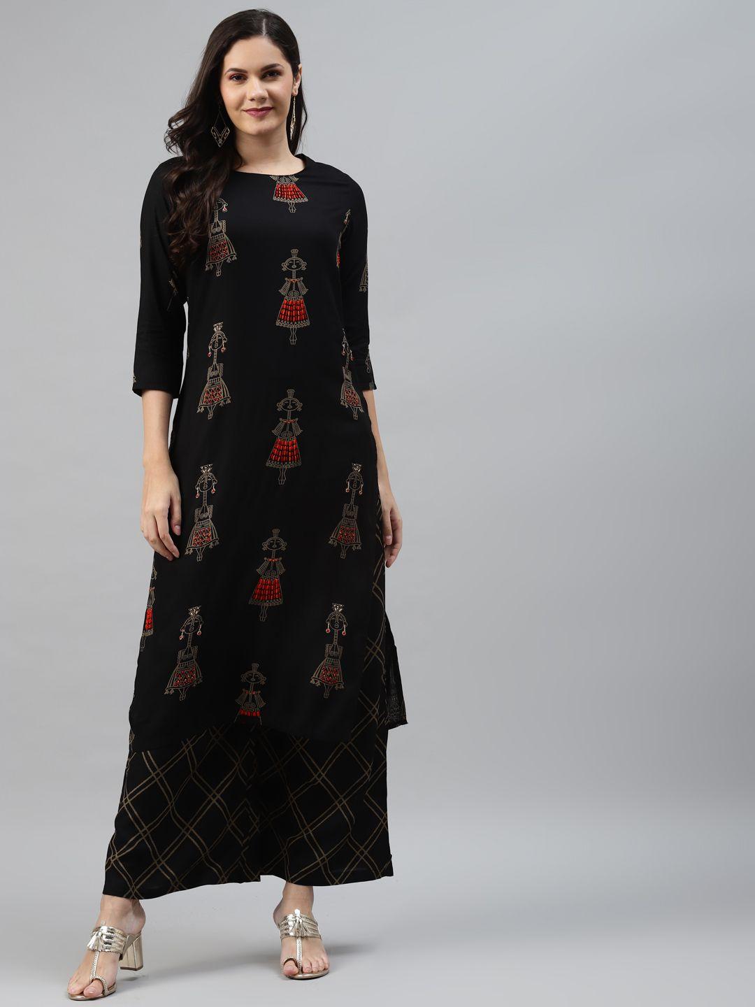 nehamta women black & beige tribal printed regular kantha work kurta with palazzos