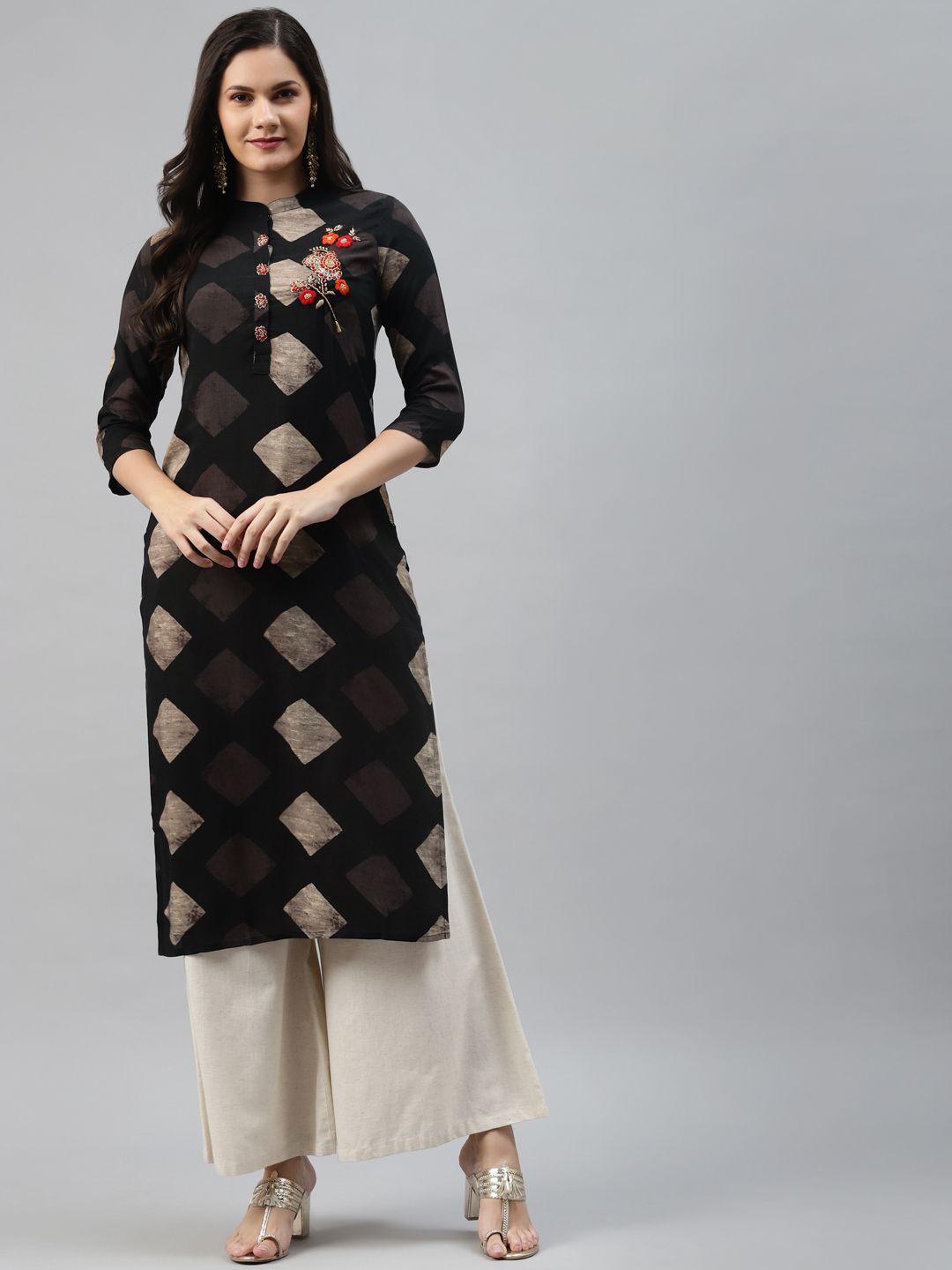 nehamta women black & taupe printed kurta with thread work