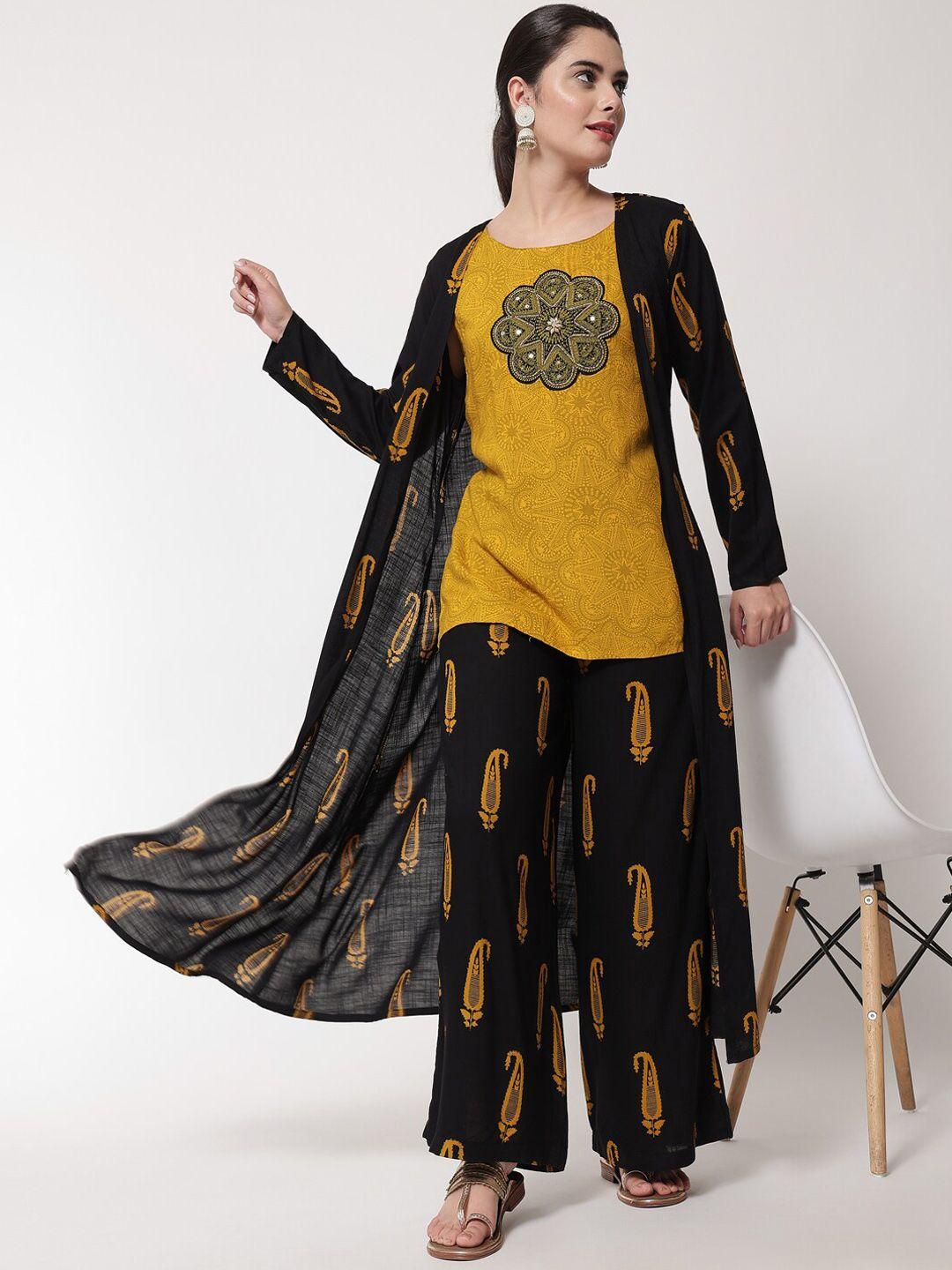 nehamta women black ethnic motifs printed kurti with palazzos with shrugh