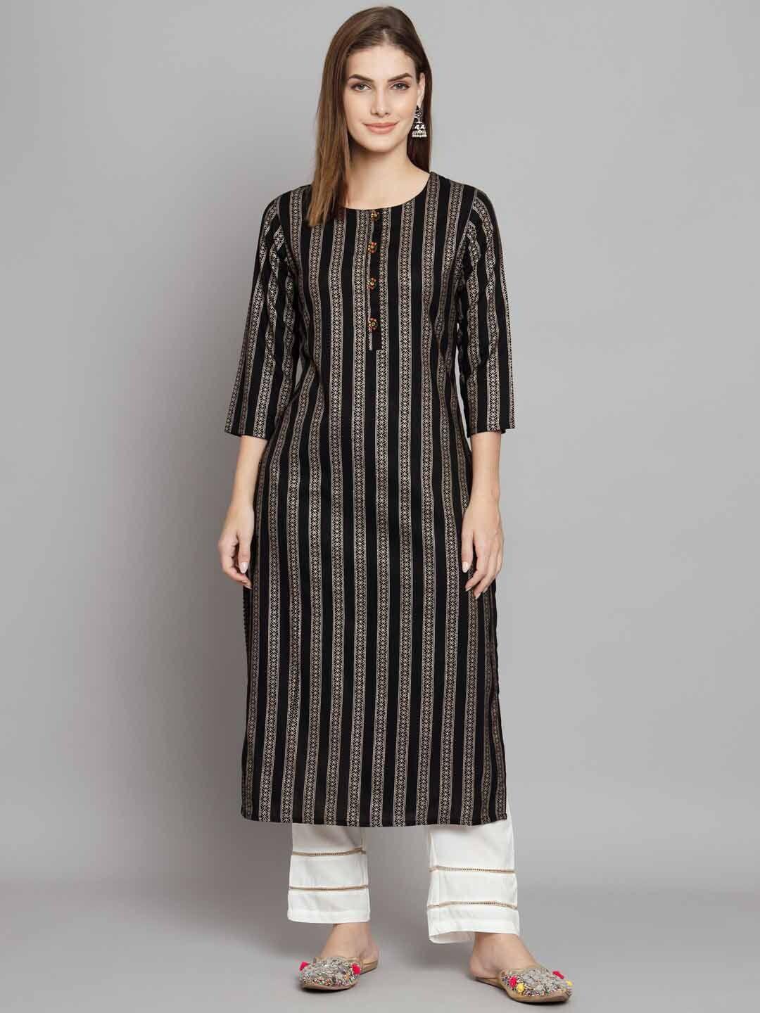 nehamta women black striped regular kurta with trousers